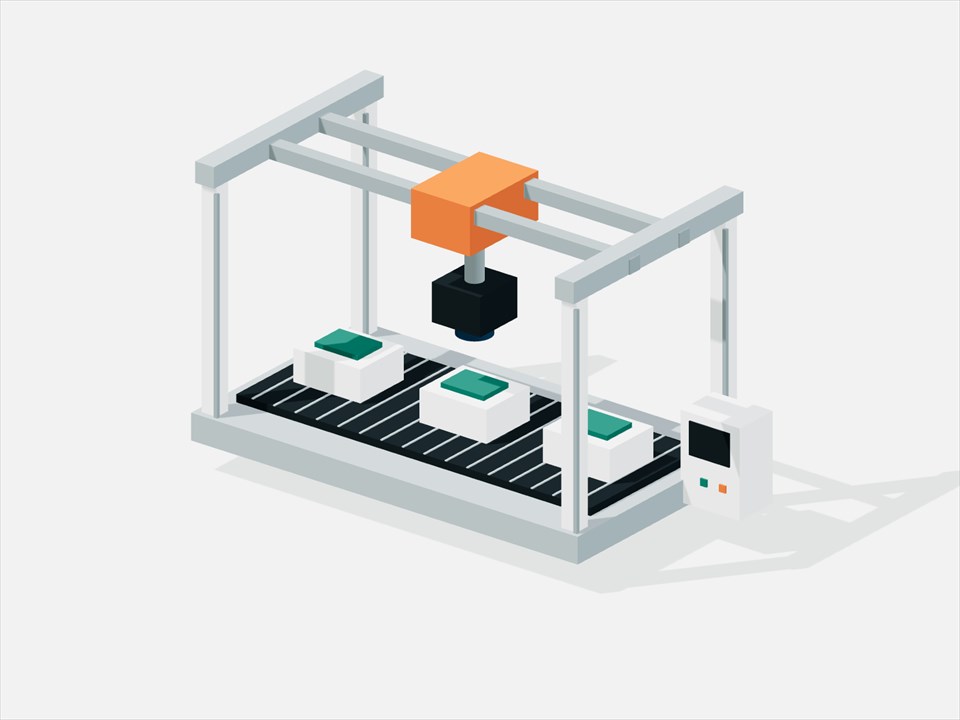 Technical illustration of an inspection gantry above a conveyor with electronic modules