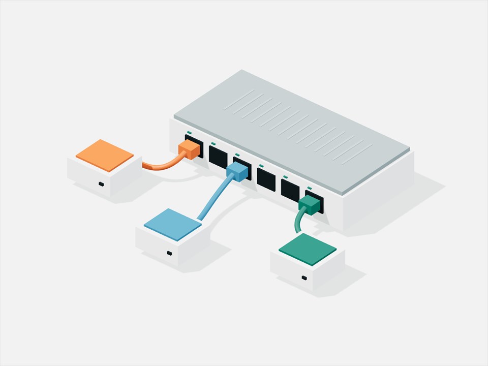Technical illustration of three devices connected to a network hub