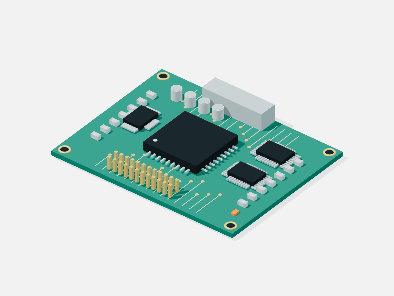 Technical illustration of a circuit board with a processor and electronic components