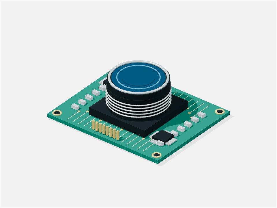 Technical illustration of a camera module and lens on a circuit board