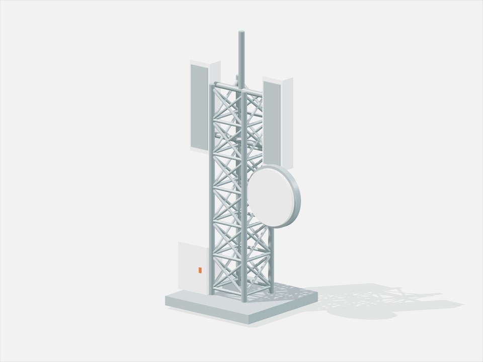 Technical illustration of a radio tower with panel antennas and a microwave dish